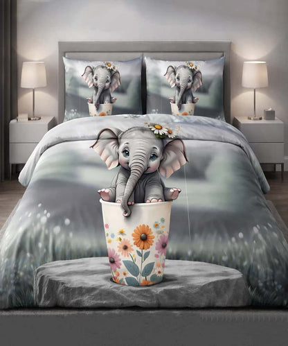 Cute Baby Elephant Floral 7D Flat Double Bedsheet with 2 Pillow Covers