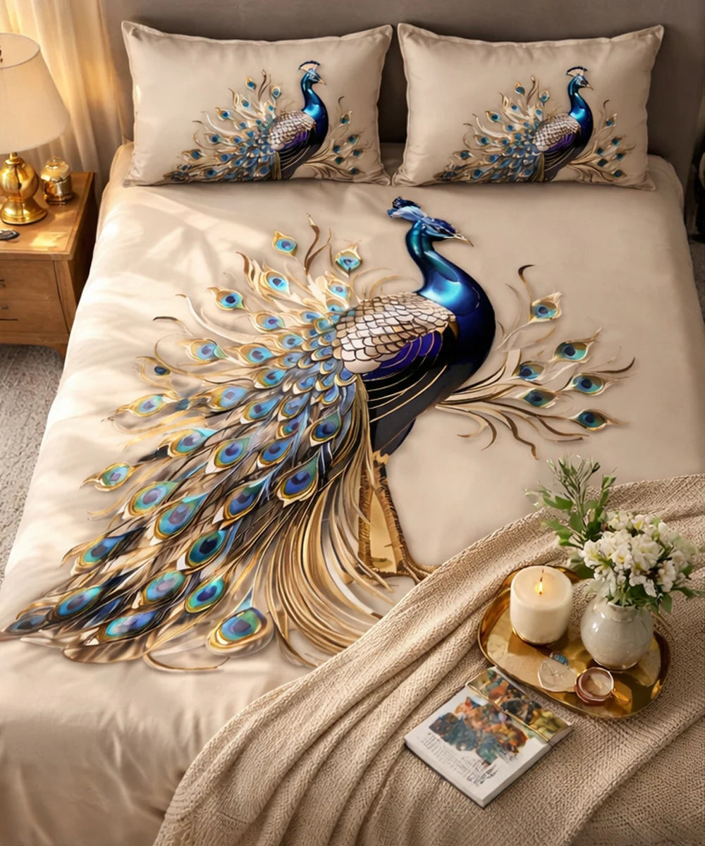 Royal Peacock Art 7D Flat Double Bedsheet with 2 Pillow Covers