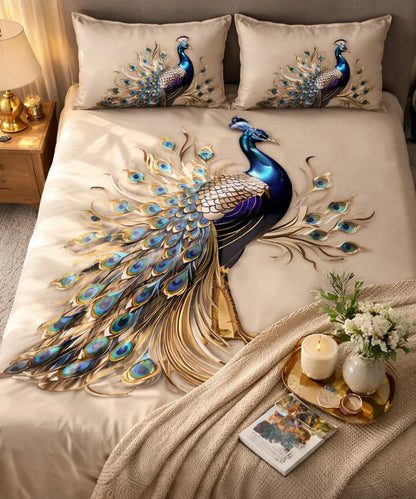 Royal Peacock Art 7D Flat Double Bedsheet with 2 Pillow Covers