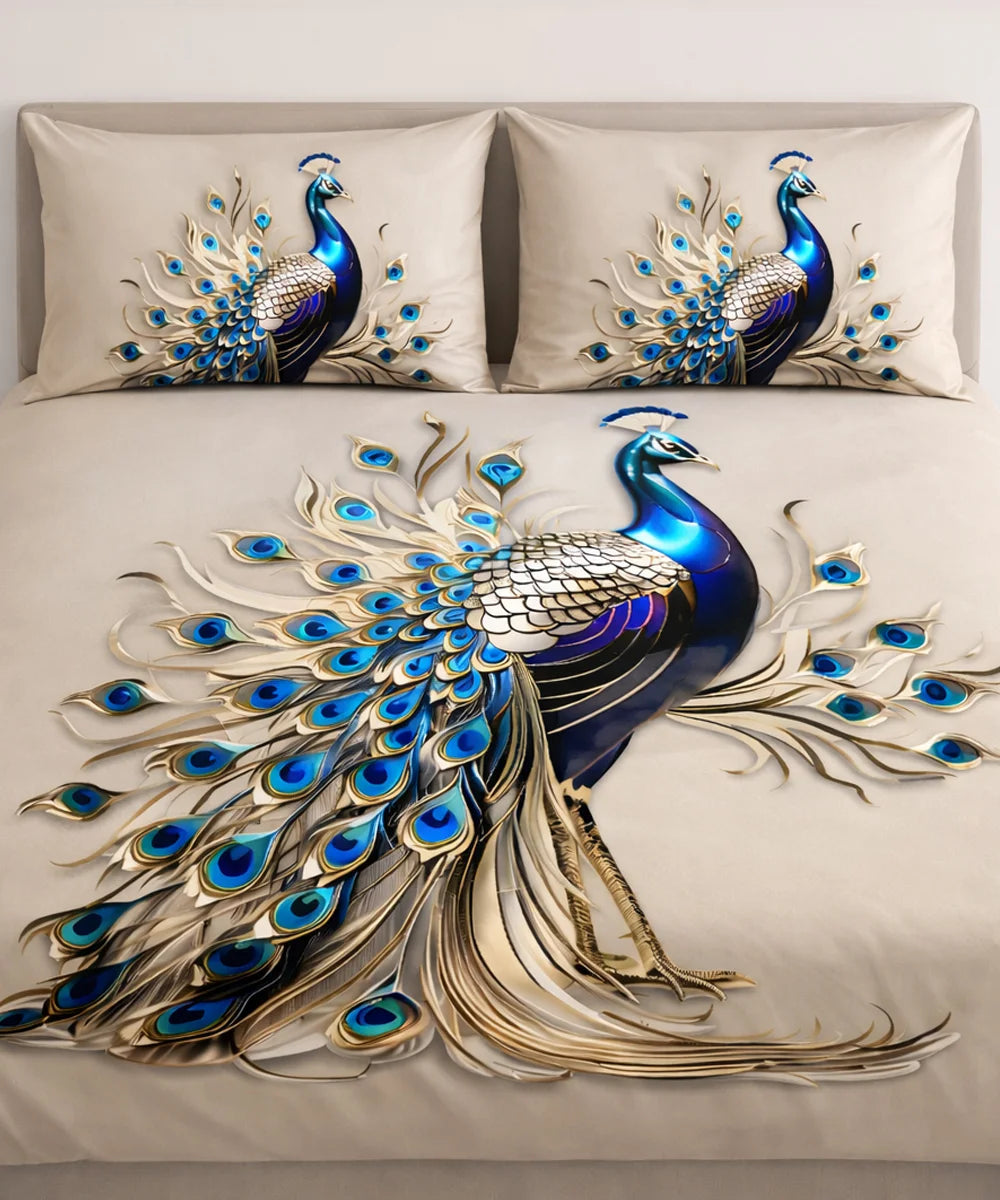 Royal Peacock Art 7D Flat Double Bedsheet with 2 Pillow Covers