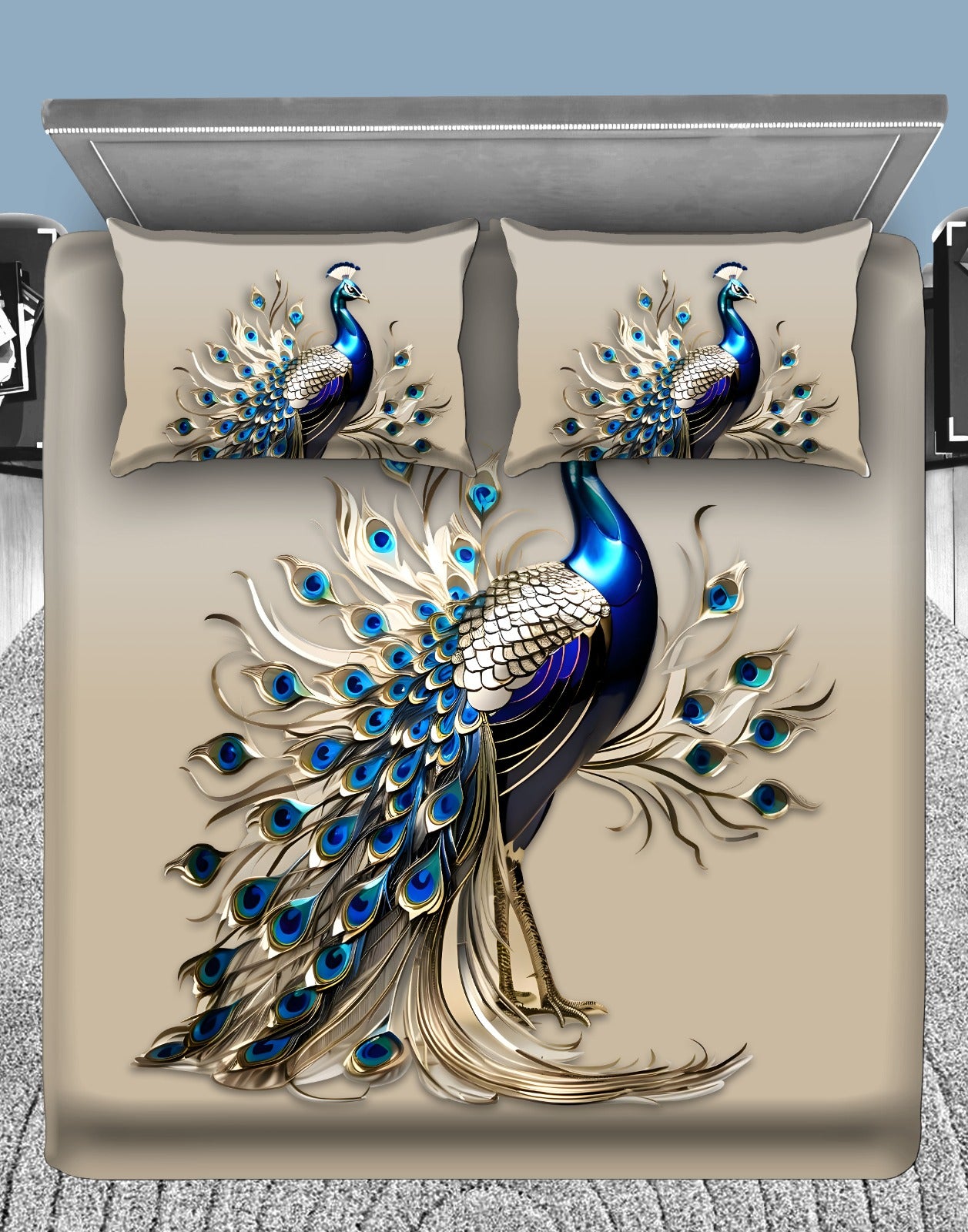 Royal Peacock Art 7D Flat Double Bedsheet with 2 Pillow Covers