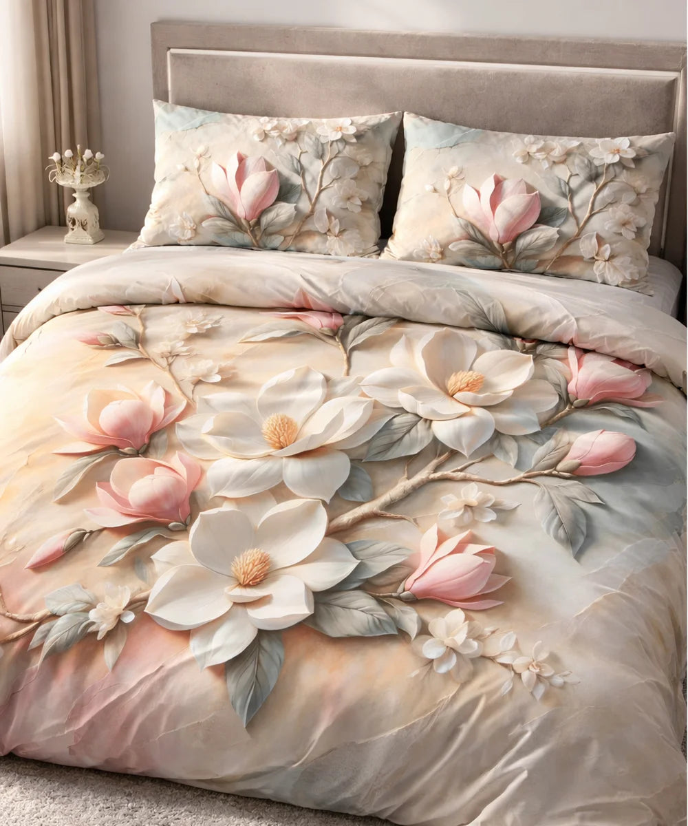 Soft Magnolia Bloom 7D Flat Double Bedsheet with 2 Pillow Covers