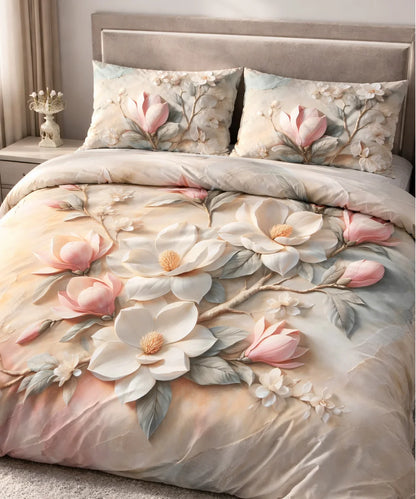 Soft Magnolia Bloom 7D Flat Double Bedsheet with 2 Pillow Covers