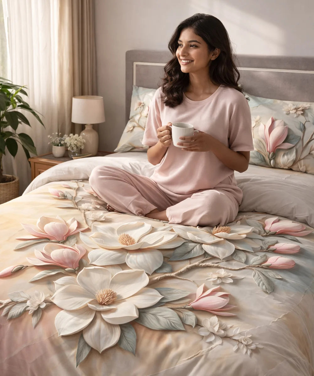 Soft Magnolia Bloom 7D Flat Double Bedsheet with 2 Pillow Covers