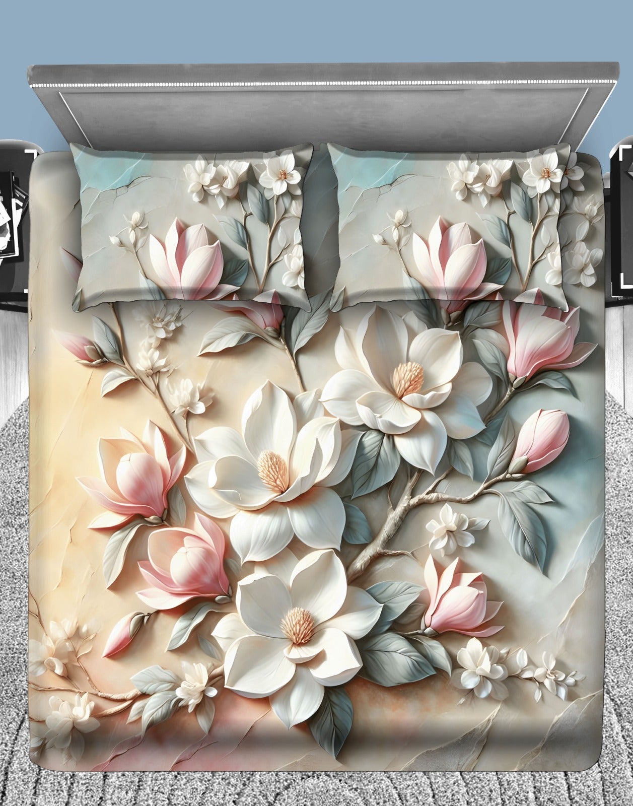 Soft Magnolia Bloom 7D Flat Double Bedsheet with 2 Pillow Covers
