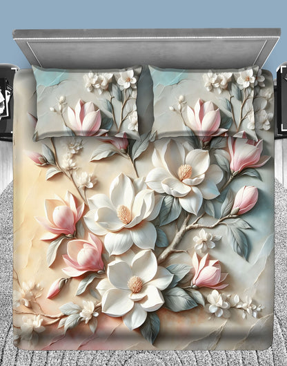Soft Magnolia Bloom 7D Flat Double Bedsheet with 2 Pillow Covers