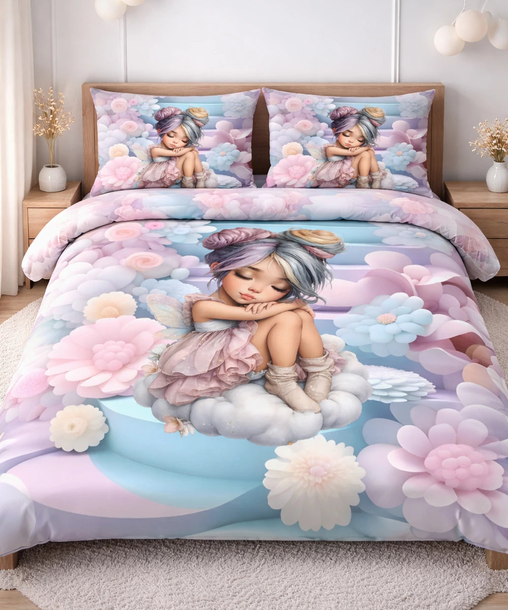 Dreamy Fairy Garden 7D Flat Double Bedsheet with 2 Pillow Covers