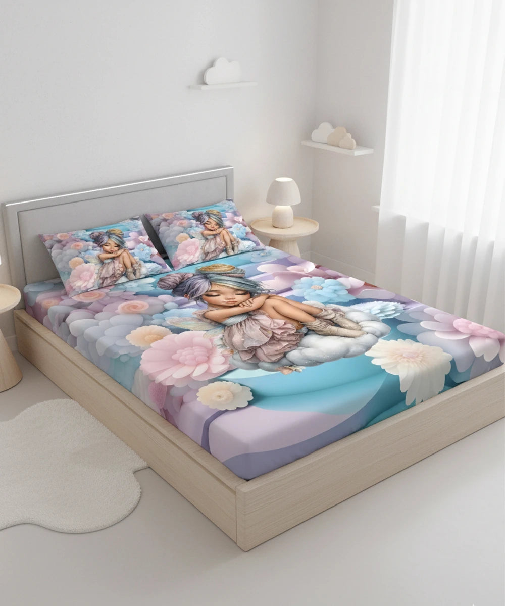Dreamy Fairy Garden 7D Flat Double Bedsheet with 2 Pillow Covers