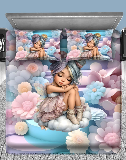 Dreamy Fairy Garden 7D Flat Double Bedsheet with 2 Pillow Covers