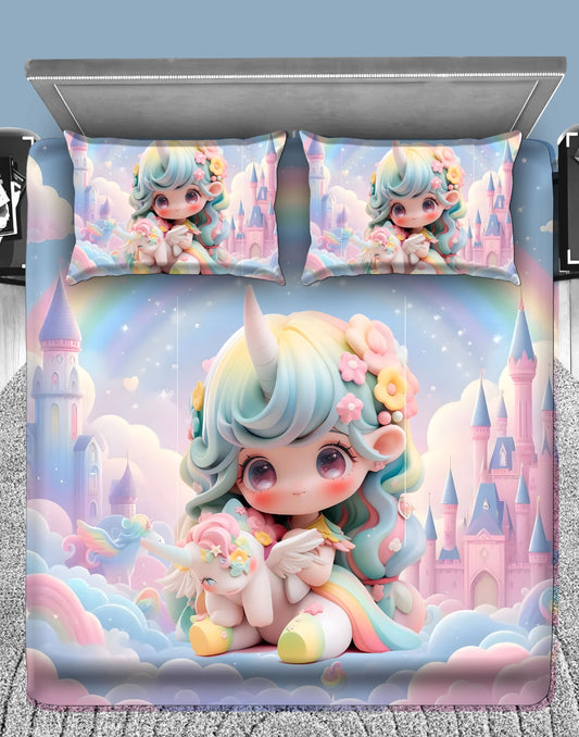 Cute Unicorn Princess 7D Flat Double Bedsheet with 2 Pillow Covers