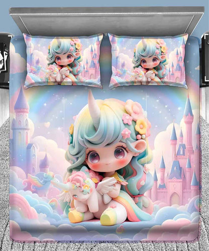 Cute Unicorn Princess 7D Flat Double Bedsheet with 2 Pillow Covers