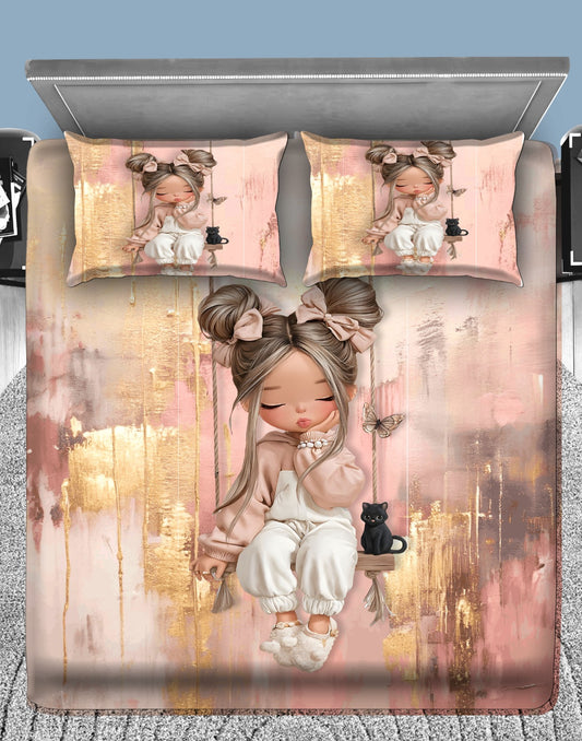 Cute Blush Doll Art 7D Flat Double Bedsheet with 2 Pillow Covers