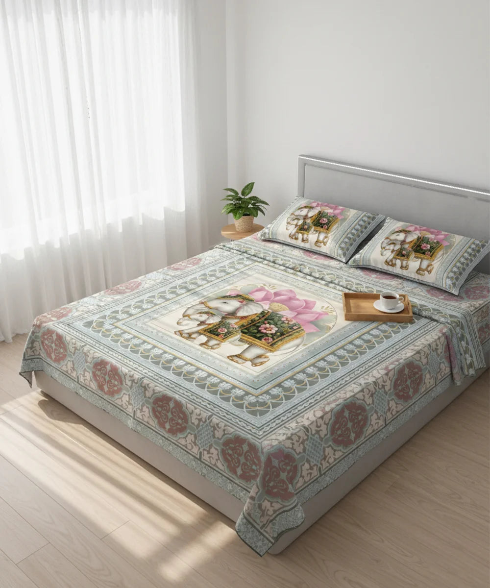 Royal Elephant Lotus Art 7D Flat Double Bedsheet with 2 Pillow Covers