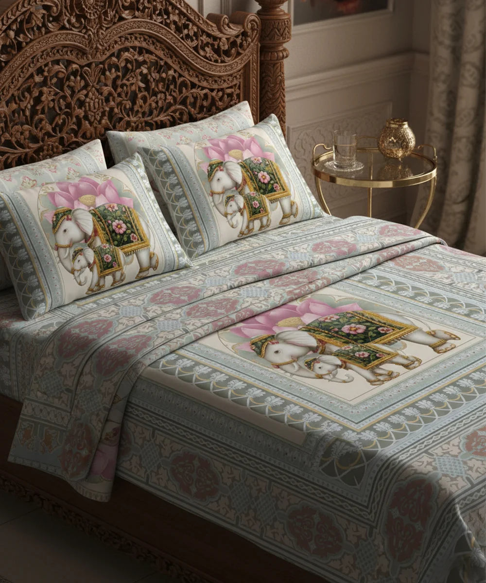 Royal Elephant Lotus Art 7D Flat Double Bedsheet with 2 Pillow Covers