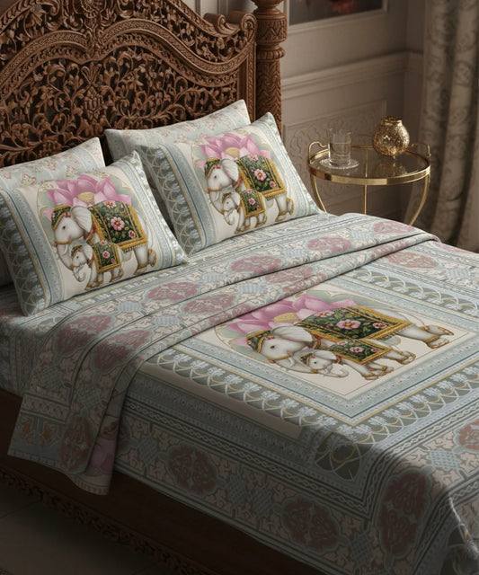 Royal Elephant Lotus Art 7D Flat Double Bedsheet with 2 Pillow Covers