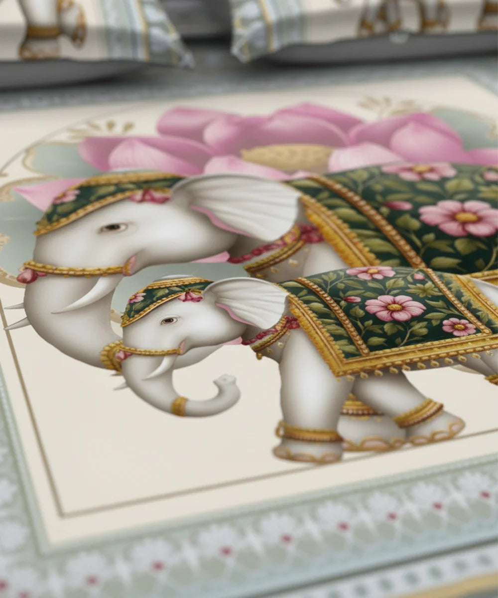Royal Elephant Lotus Art 7D Flat Double Bedsheet with 2 Pillow Covers