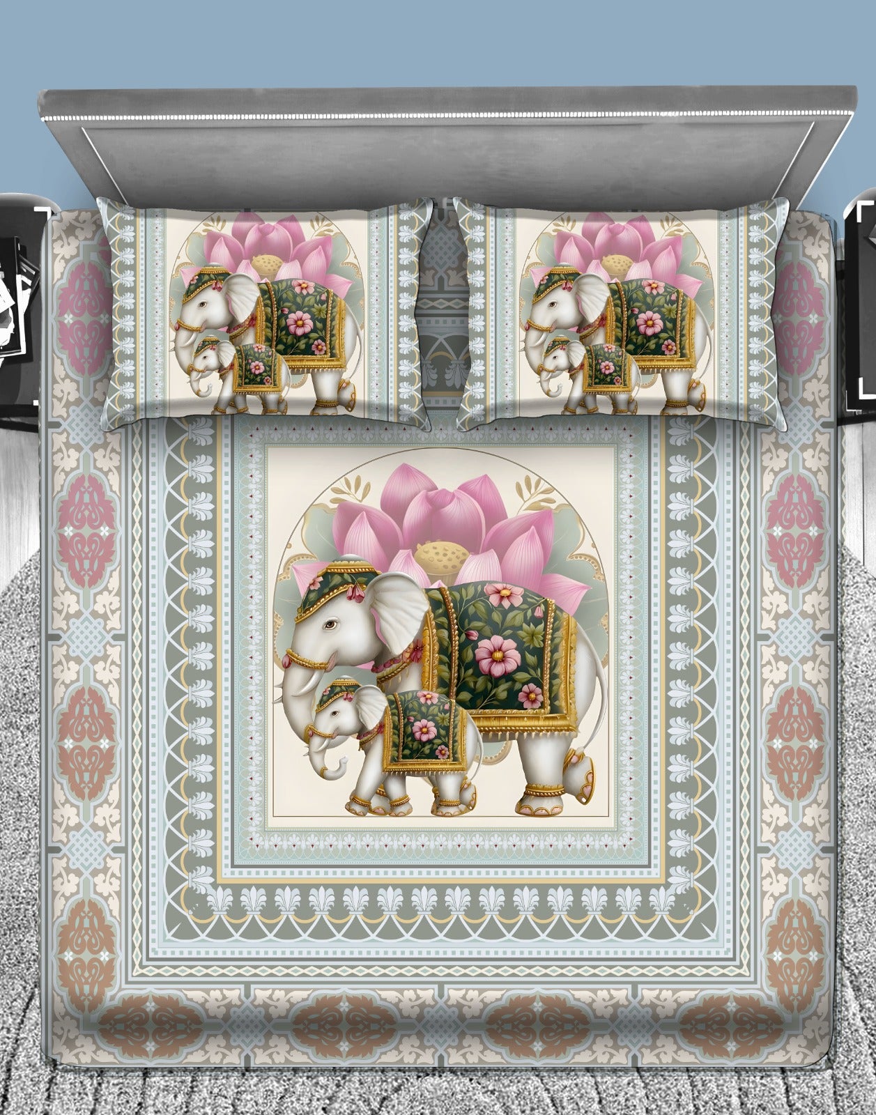 Royal Elephant Lotus Art 7D Flat Double Bedsheet with 2 Pillow Covers