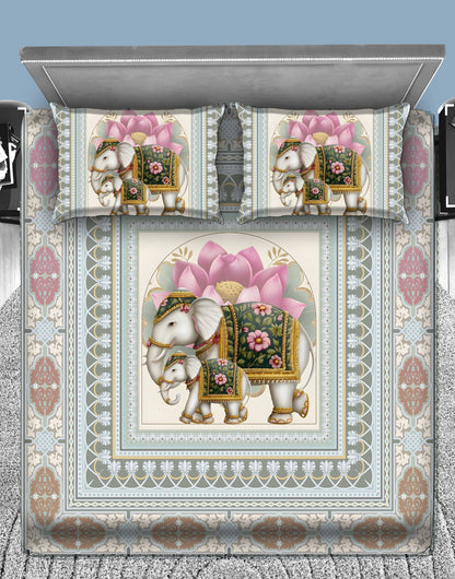 Royal Elephant Lotus Art 7D Flat Double Bedsheet with 2 Pillow Covers