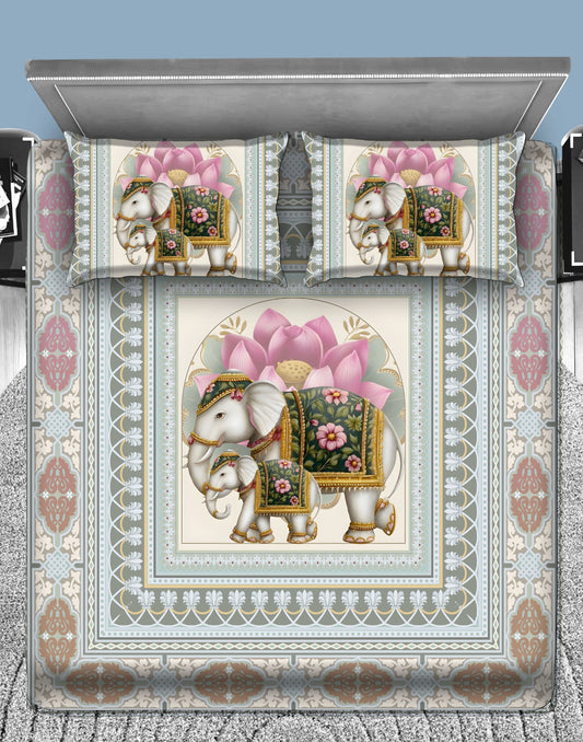 Royal Elephant Lotus Art 7D Flat Double Bedsheet with 2 Pillow Covers