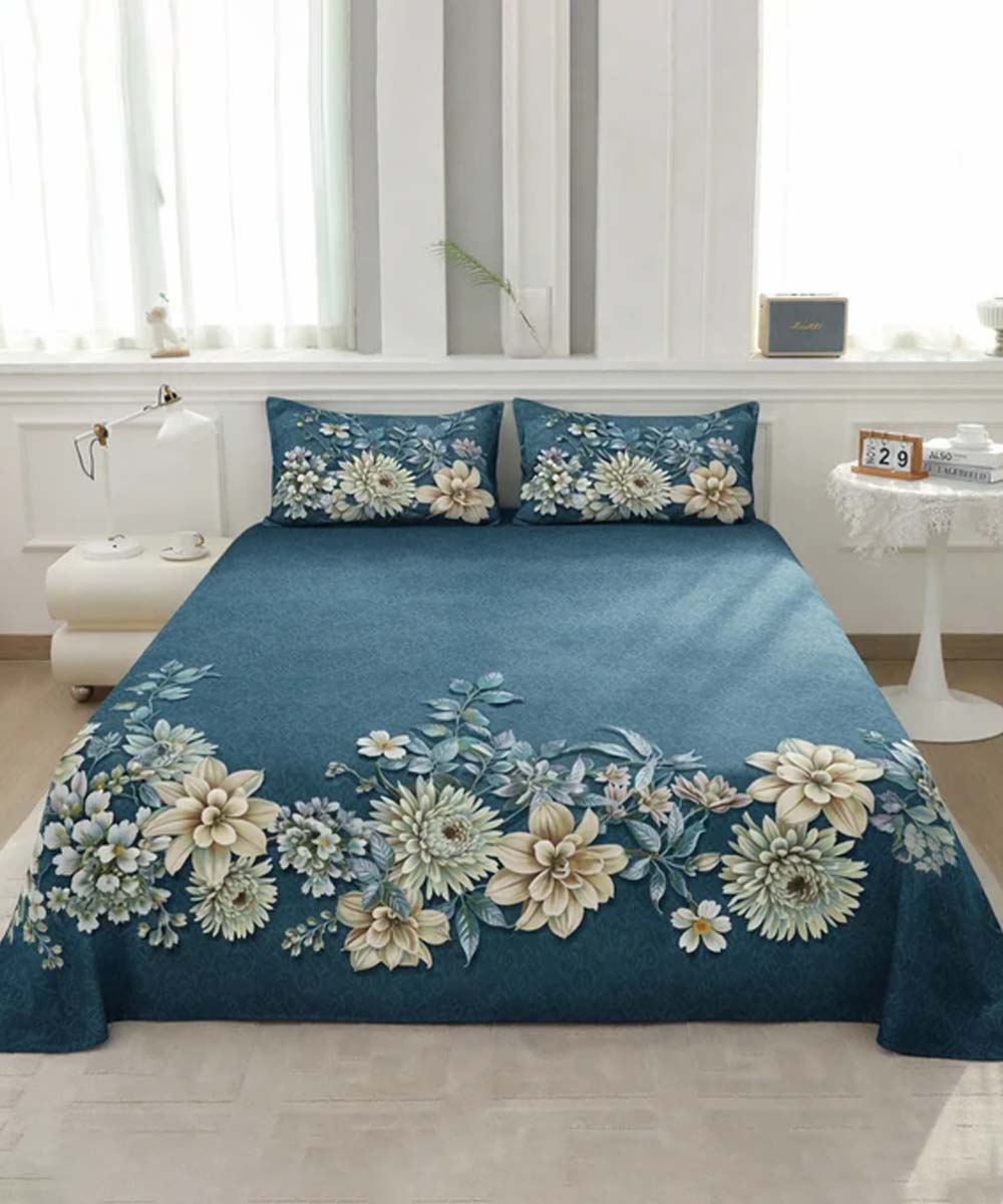 Blue Floral 7D Flat Double Bedsheet with 2 Pillow Covers