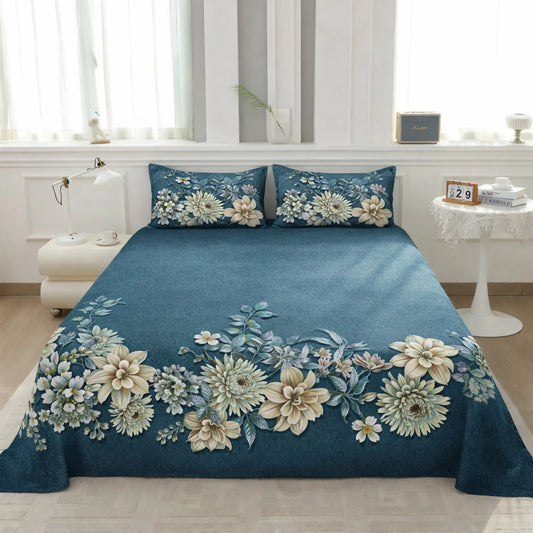Blue Blossom Elegance 7D Flat Double Bedsheet with 2 Pillow Covers