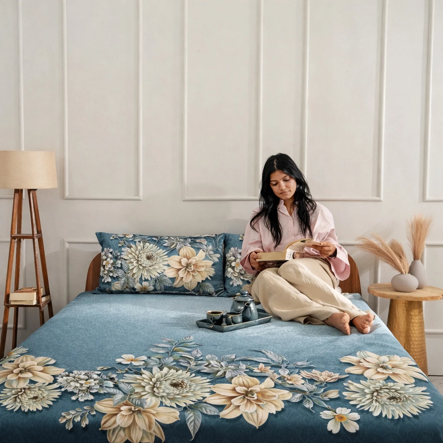 Blue Blossom Elegance 7D Flat Double Bedsheet with 2 Pillow Covers