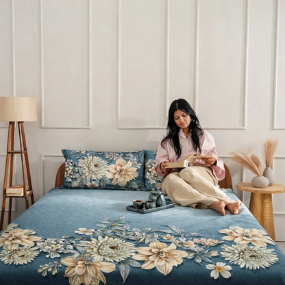 Blue Blossom Elegance 7D Flat Double Bedsheet with 2 Pillow Covers