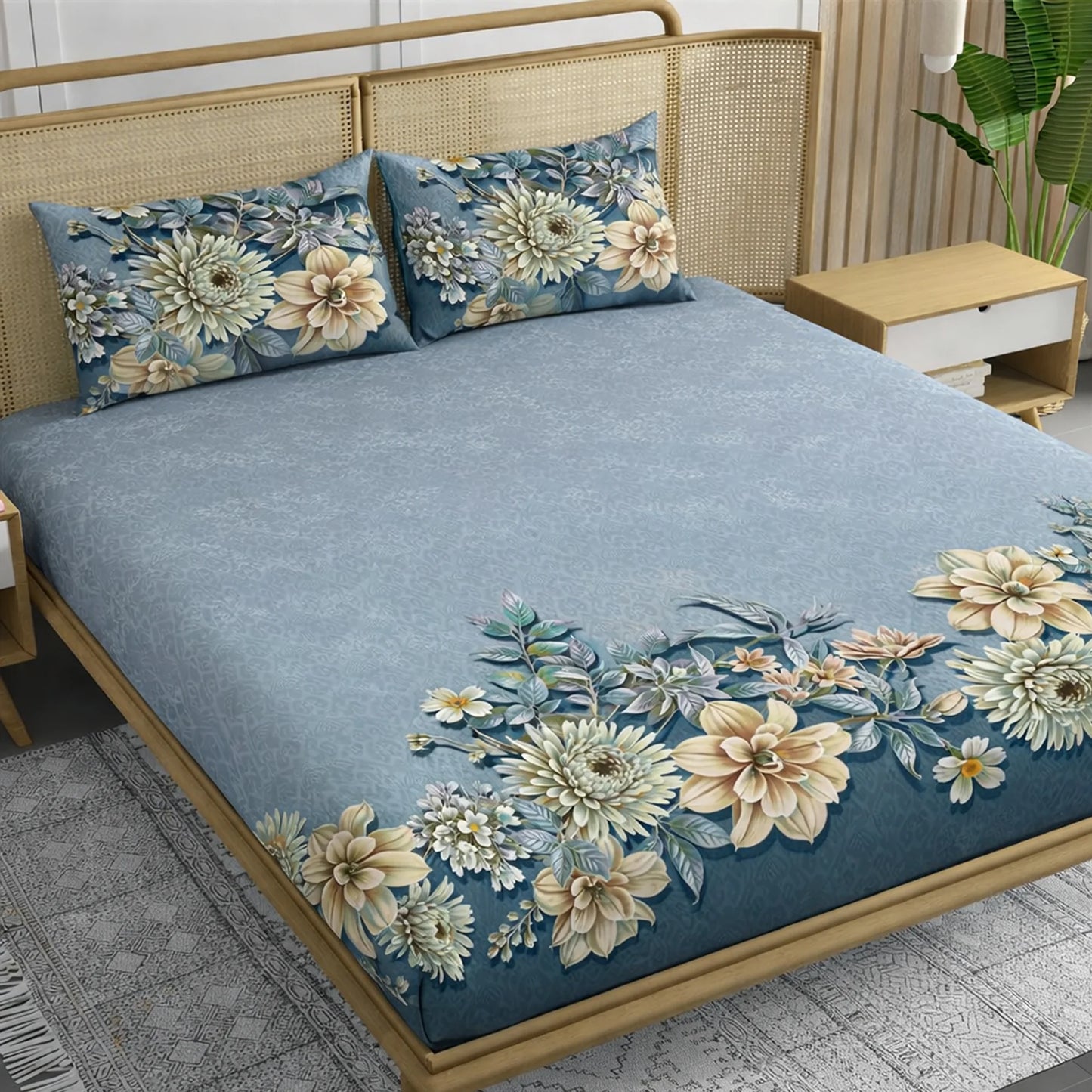 Blue Blossom Elegance 7D Flat Double Bedsheet with 2 Pillow Covers