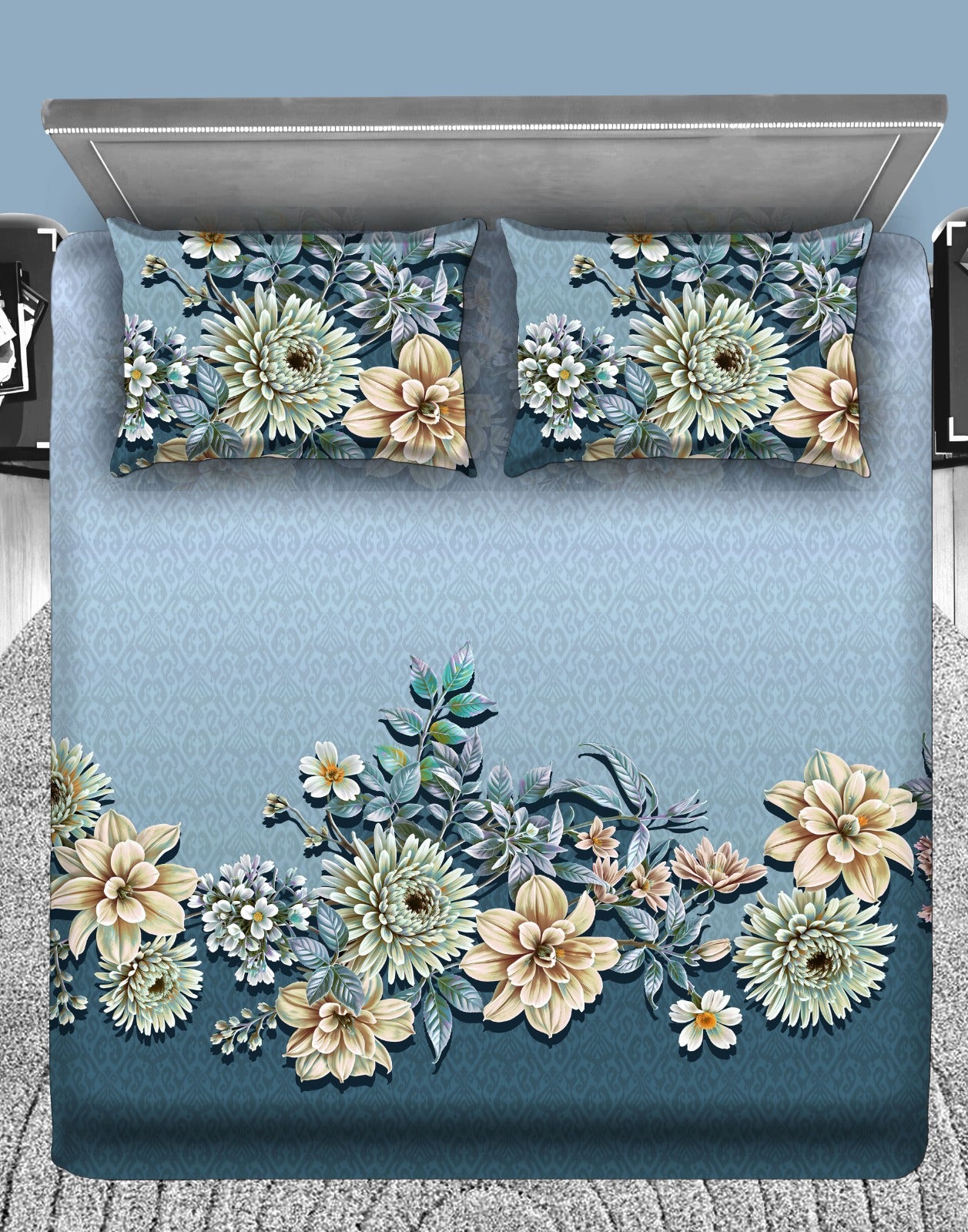 Blue Blossom Elegance 7D Flat Double Bedsheet with 2 Pillow Covers