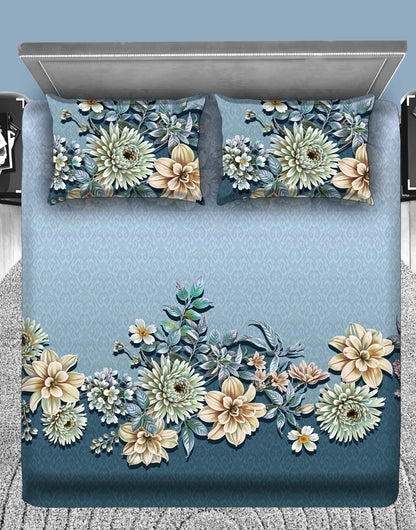 Blue Blossom Elegance 7D Flat Double Bedsheet with 2 Pillow Covers