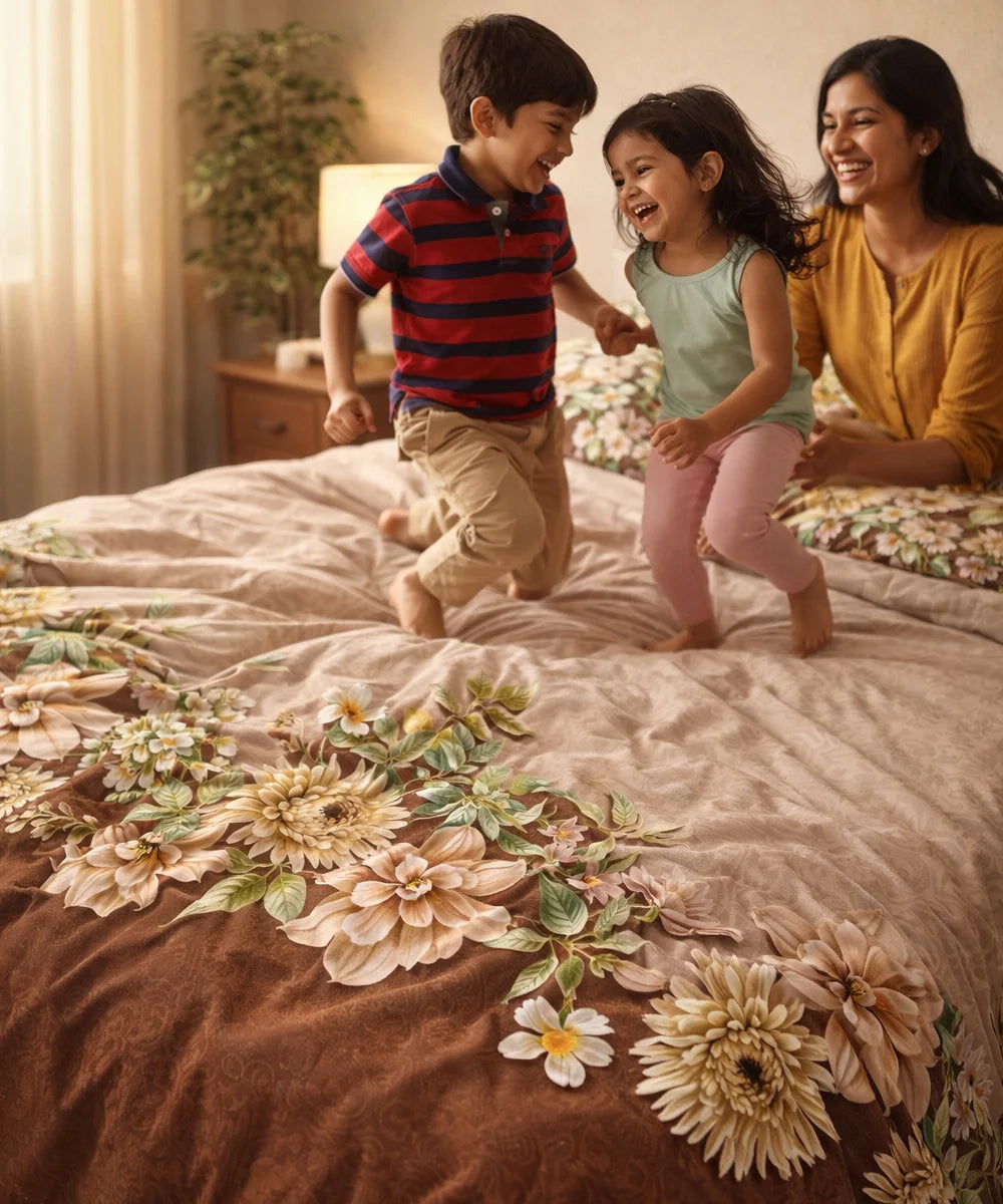 Vintage Beige Floral 7D Flat Double Bedsheet with 2 Pillow Covers