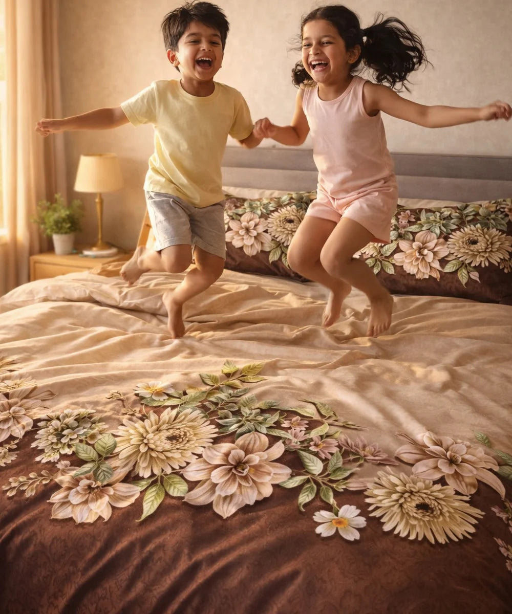 Vintage Beige Floral 7D Flat Double Bedsheet with 2 Pillow Covers