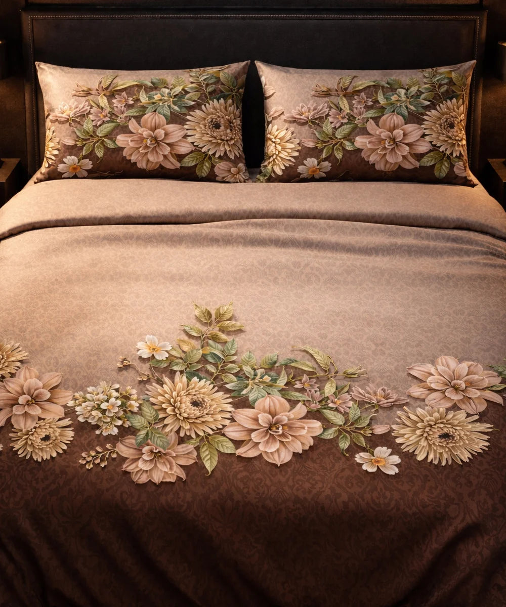 Vintage Beige Floral 7D Flat Double Bedsheet with 2 Pillow Covers