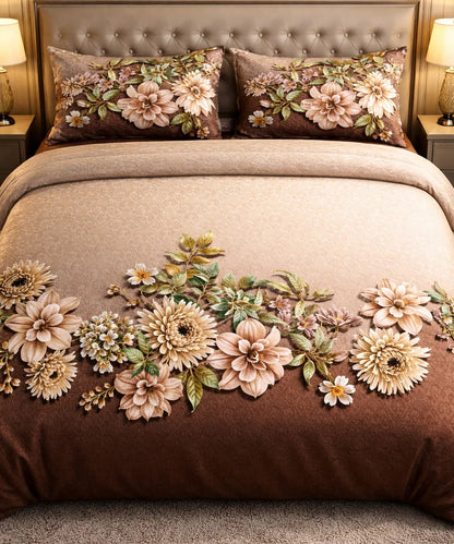 Vintage Beige Floral 7D Flat Double Bedsheet with 2 Pillow Covers