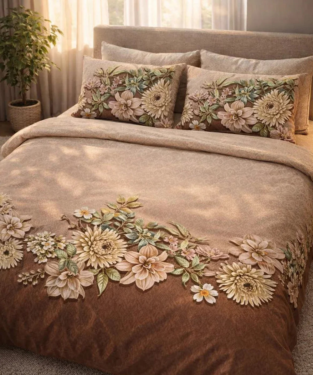 Vintage Beige Floral 7D Flat Double Bedsheet with 2 Pillow Covers
