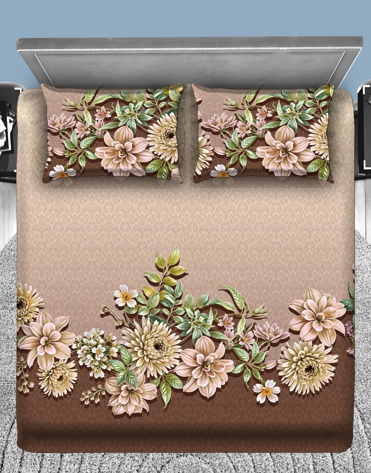 Vintage Beige Floral 7D Flat Double Bedsheet with 2 Pillow Covers