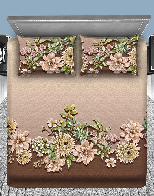 Vintage Beige Floral 7D Flat Double Bedsheet with 2 Pillow Covers