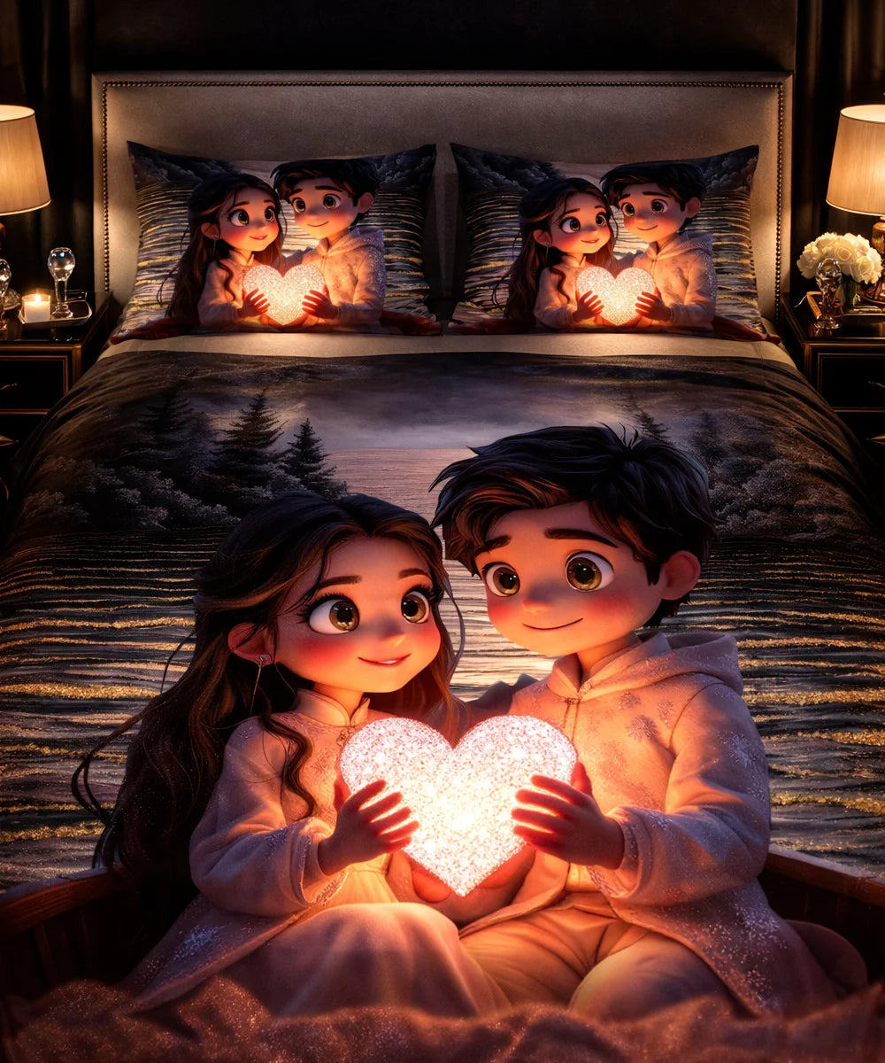 Romantic Heart Glow 7D Flat Double Bedsheet with 2 Pillow Covers