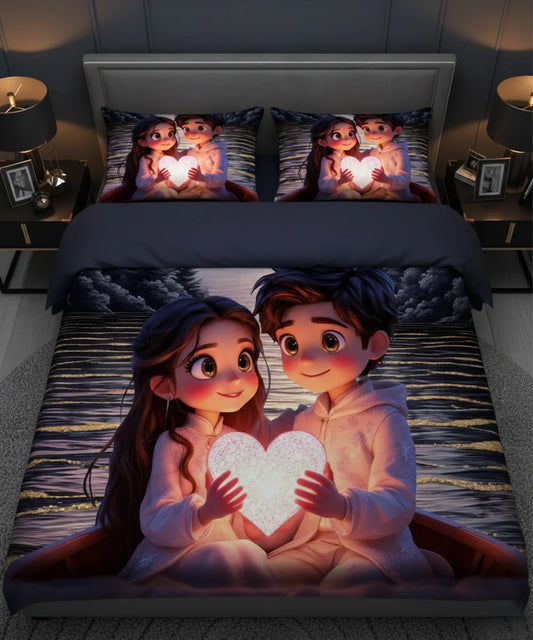 Romantic Heart Glow 7D Flat Double Bedsheet with 2 Pillow Covers