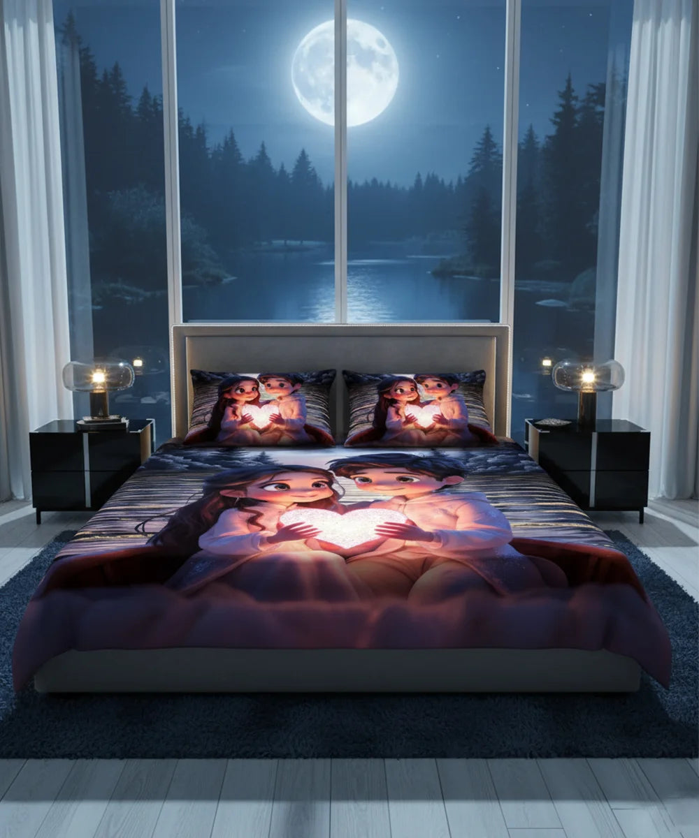 Romantic Heart Glow 7D Flat Double Bedsheet with 2 Pillow Covers