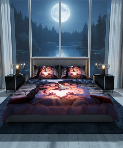 Romantic Heart Glow 7D Flat Double Bedsheet with 2 Pillow Covers