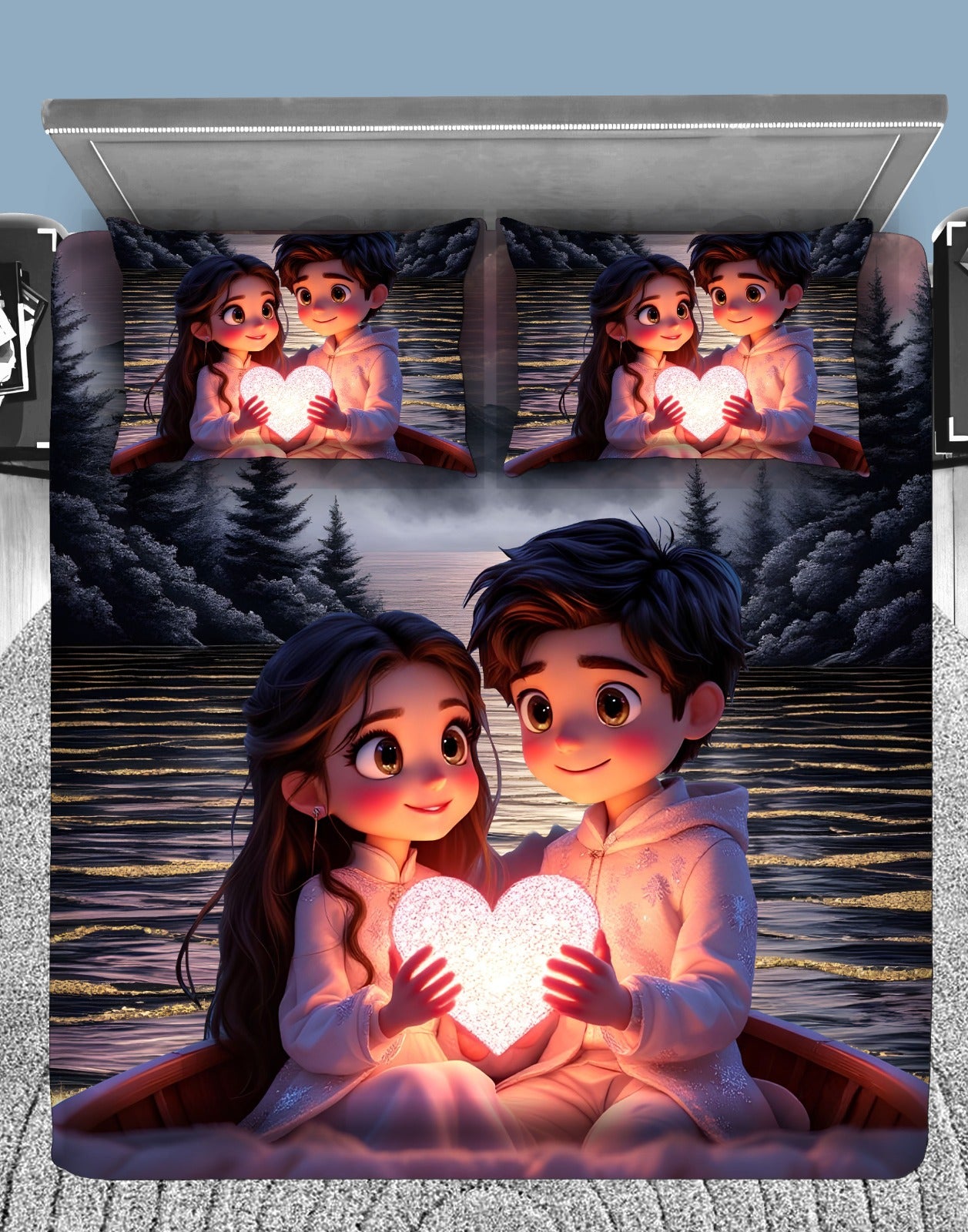 Romantic Heart Glow 7D Flat Double Bedsheet with 2 Pillow Covers