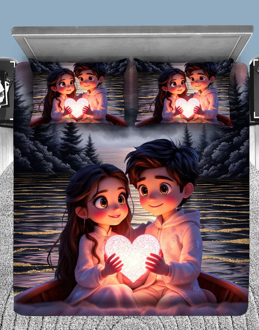 Romantic Heart Glow 7D Flat Double Bedsheet with 2 Pillow Covers