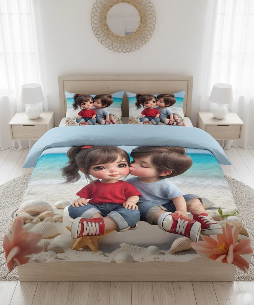 Cute Beachside Love 7D Flat Double Bedsheet with 2 Pillow Covers