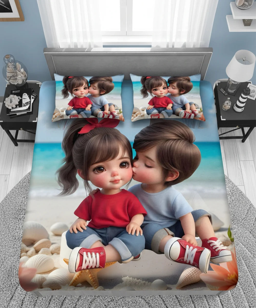 Cute Beachside Love 7D Flat Double Bedsheet with 2 Pillow Covers