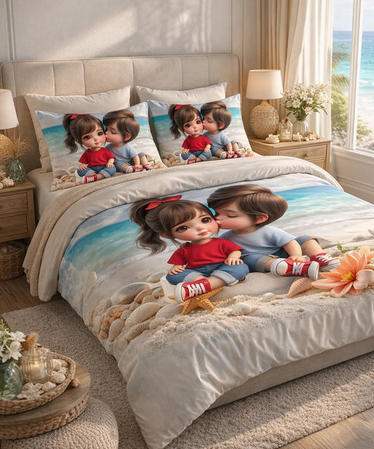 Cute Beachside Love 7D Flat Double Bedsheet with 2 Pillow Covers