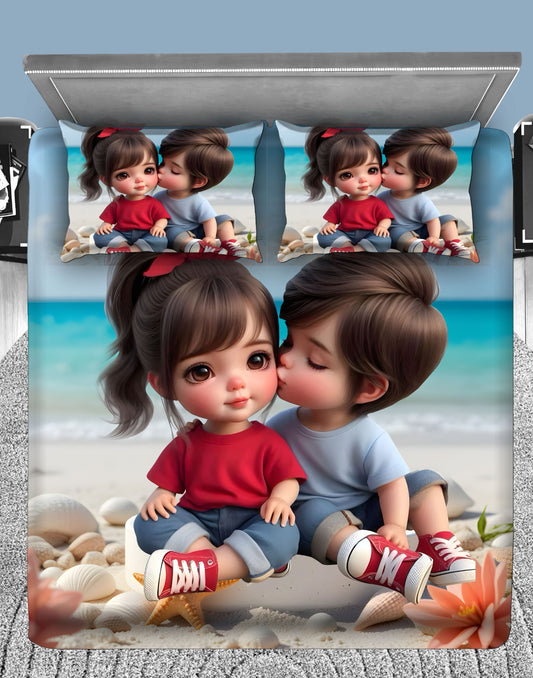 Cute Beachside Love 7D Flat Double Bedsheet with 2 Pillow Covers