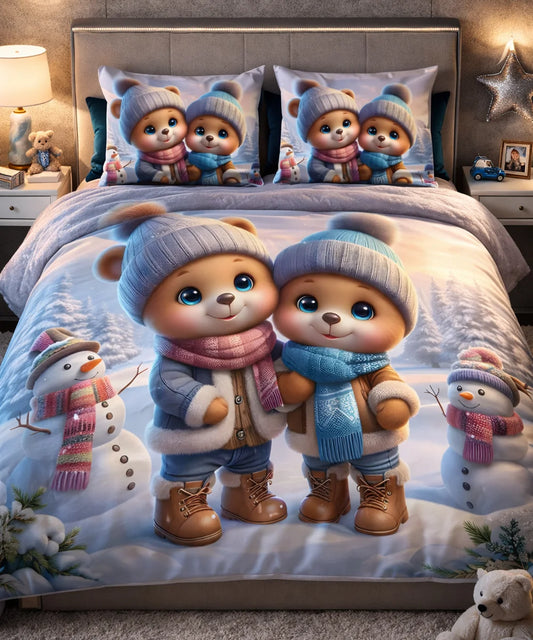 Cute Winter Bear Friends 7D Flat Double Bedsheet with 2 Pillow Covers