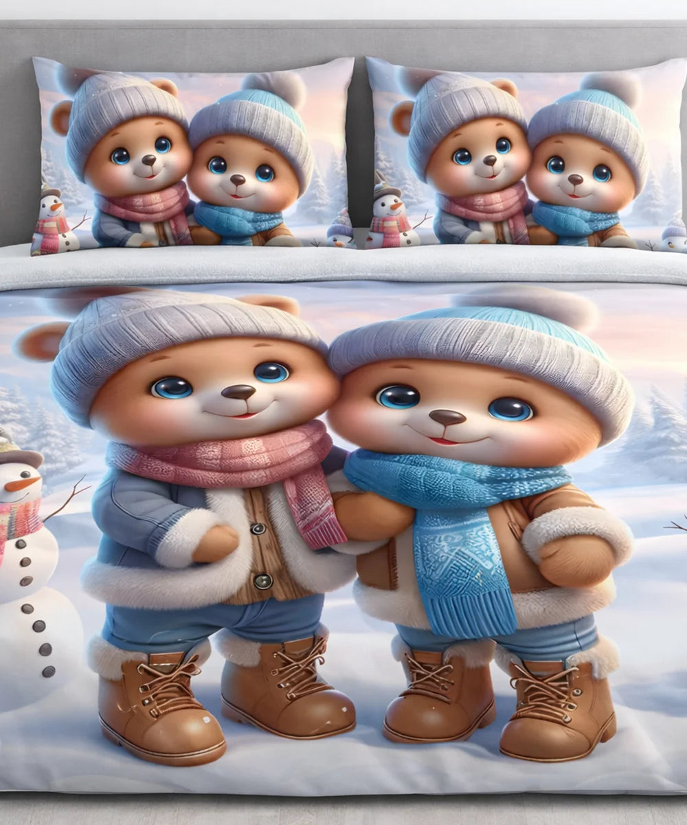 Cute Winter Bear Friends 7D Flat Double Bedsheet with 2 Pillow Covers