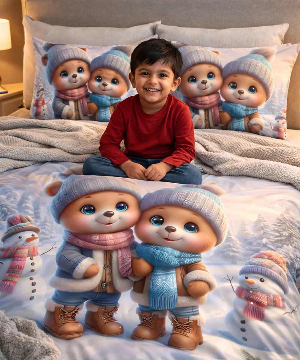 Cute Winter Bear Friends 7D Flat Double Bedsheet with 2 Pillow Covers
